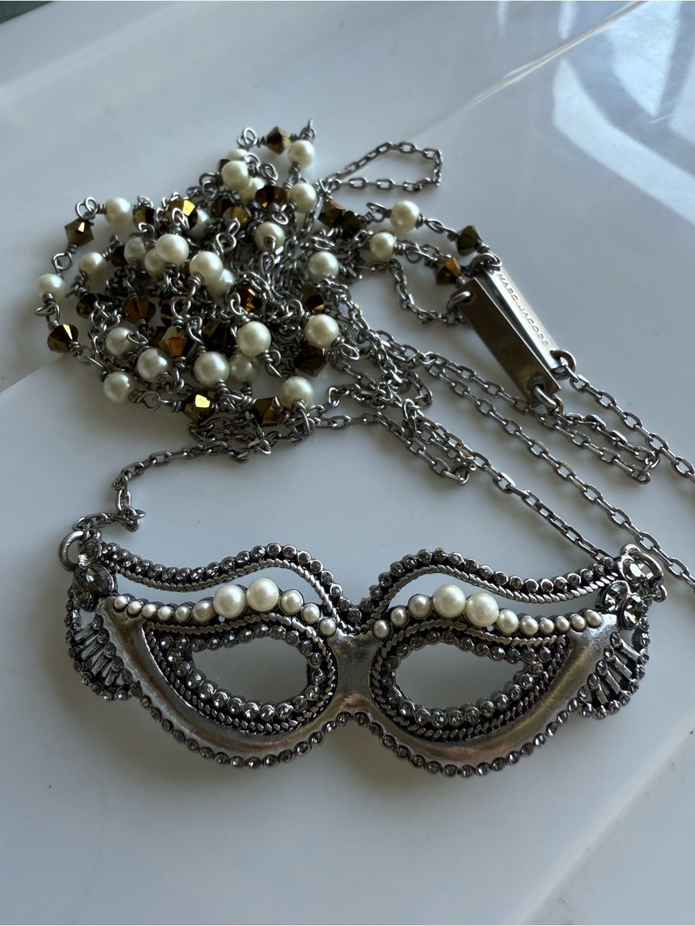 Marc Jacobs Silver Mask Pendant Necklace with Pearl Beads Y2K - Picture 3 of 6
